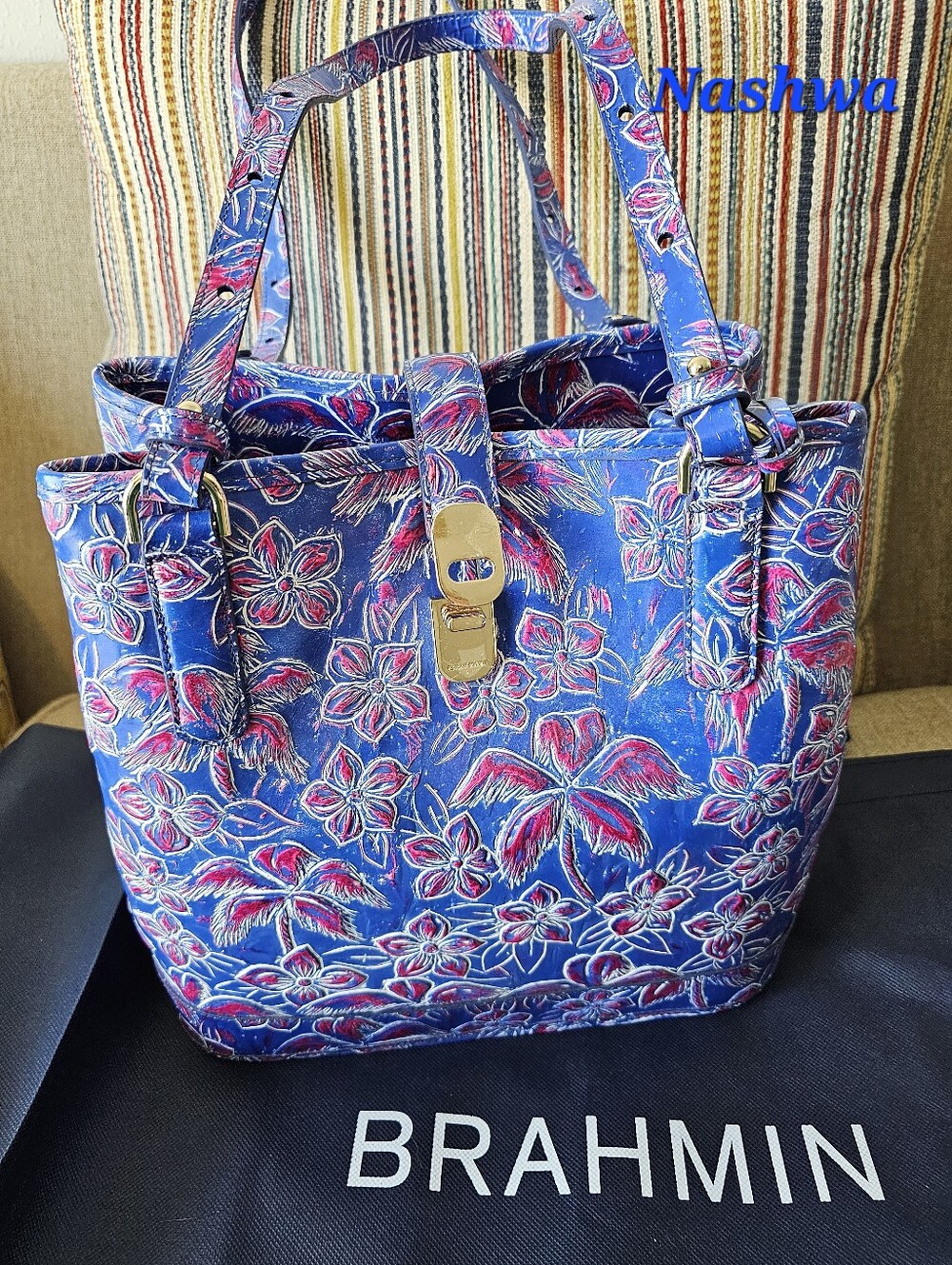 Brahmin Fiora, Blue Floral Leather Tote with Pink & White Accents, NWT